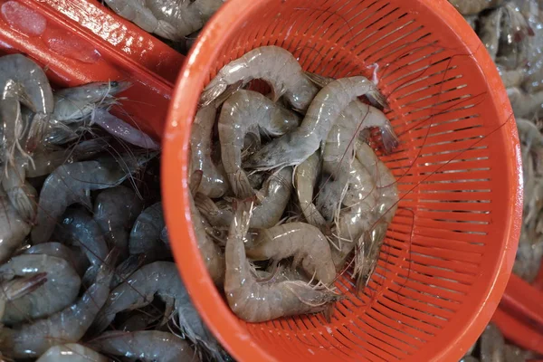 魚市場での販売の背景として氷の上に新鮮なエビ — ストック写真