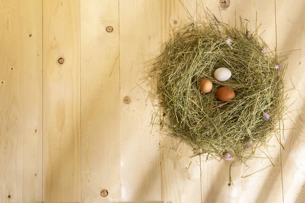 Huevos Pollo Nido Heno Sobre Fondo Madera —  Fotos de Stock