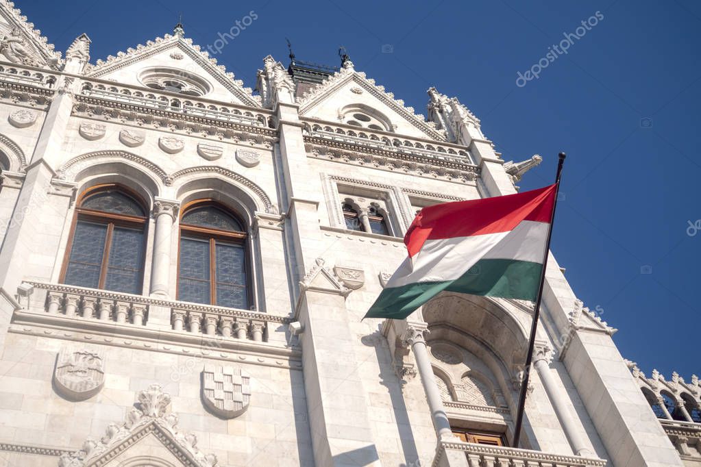 Flag on the building of the Hungarian Parliament.