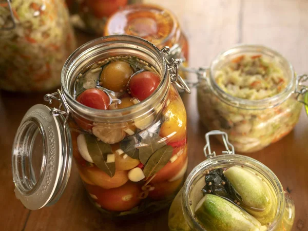 Canned vegetables, pickled tomatoes, pickled cucumbers, sauerkraut