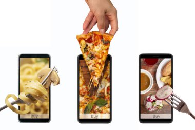 İnternetten yemek sipariş et ve teslim et. Akıllı telefonundan ye. Beyaz arkaplanda Gadget