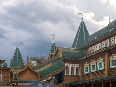 Moskova, Rusya 10 Haziran 2019. . Rus mimarisi, ahşap mimari. Çar Alexei Mikhailovich Sarayı