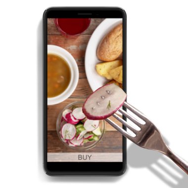 İnternetten yemek sipariş et ve teslim et. Akıllı telefonundan ye. Beyaz arkaplanda Gadget