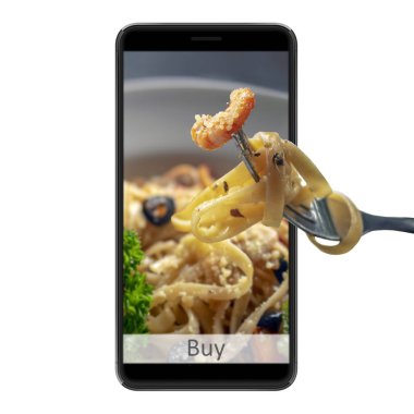 İnternetten yemek sipariş et ve teslim et. Akıllı telefonundan ye. Beyaz arkaplanda Gadget