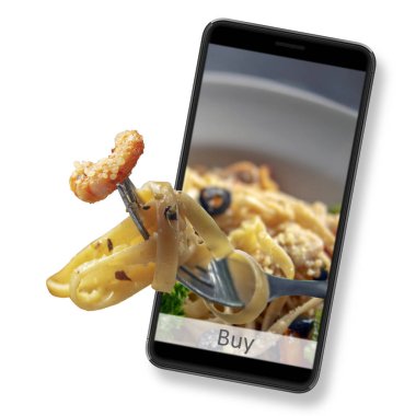 İnternetten yemek sipariş et ve teslim et. Akıllı telefonundan ye. Beyaz arkaplanda Gadget