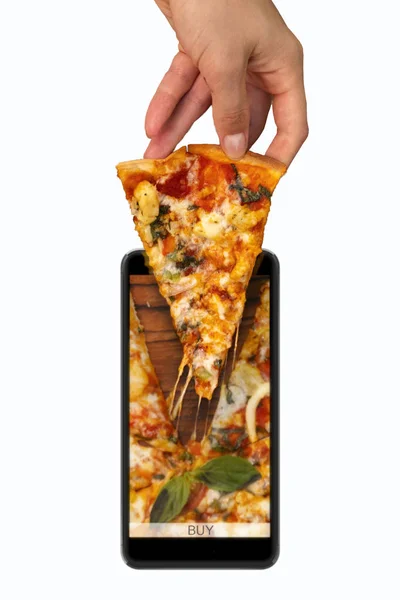 App per smartphone, ordinare cibo per telefono, consegna pizza — Foto Stock