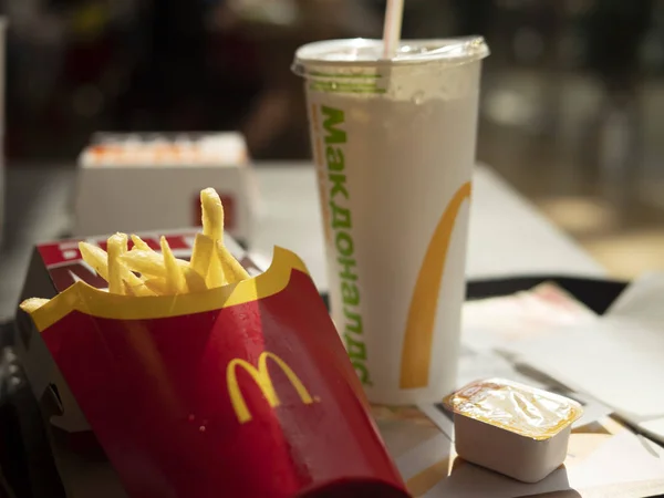 Moscow, Russia,February 25, 2019 McDonalds food, potatoes, cola, burger — Stock Photo, Image