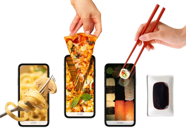 Nternetten Yemek Sipariş Teslim Pizza Makarna Suşi Akıllı Telefonundan Beyaz Stok Resim