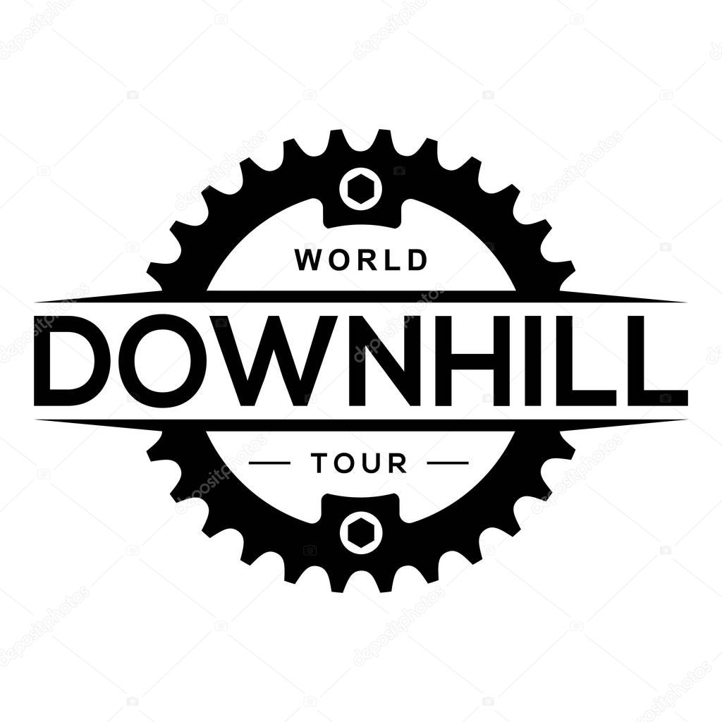 Downhill mountain biking logo with chainring. Extreme bicycle competition label. 