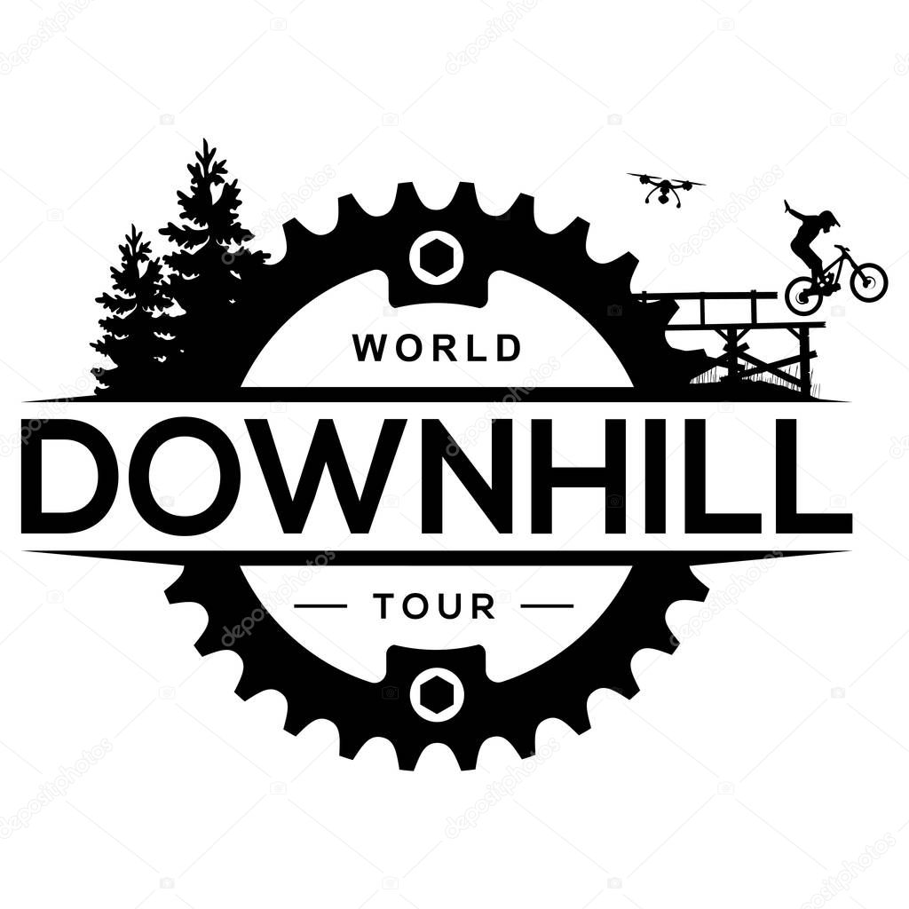 Downhill mountain biking logo with chainring. Extreme bicycle competition label. 