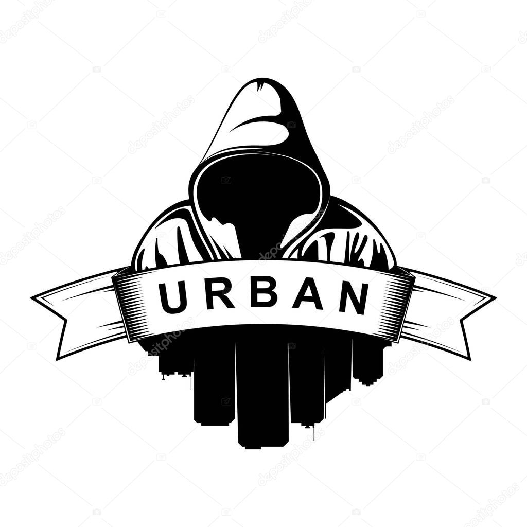 Logo design. Hooded man. City Silhouette. Urban. Street art. Vector Ilustration.