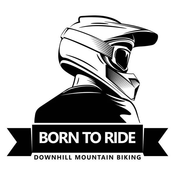 Back shot of man with full face motocross helmet. Extreme sport logo template. Place for text. Downhill Mountain Biking. — Stock Vector