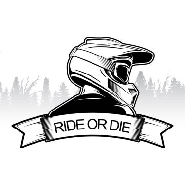 Extreme spor logosu tasarımı. Motocross Downhill dağ bisikleti logosu şablonu. Ayrılmaz kask ile adamın yan görünümü.