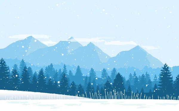 Beautiful winter flat landscape background. Winter landscape with mountains and snowfall. Flat design. Vector