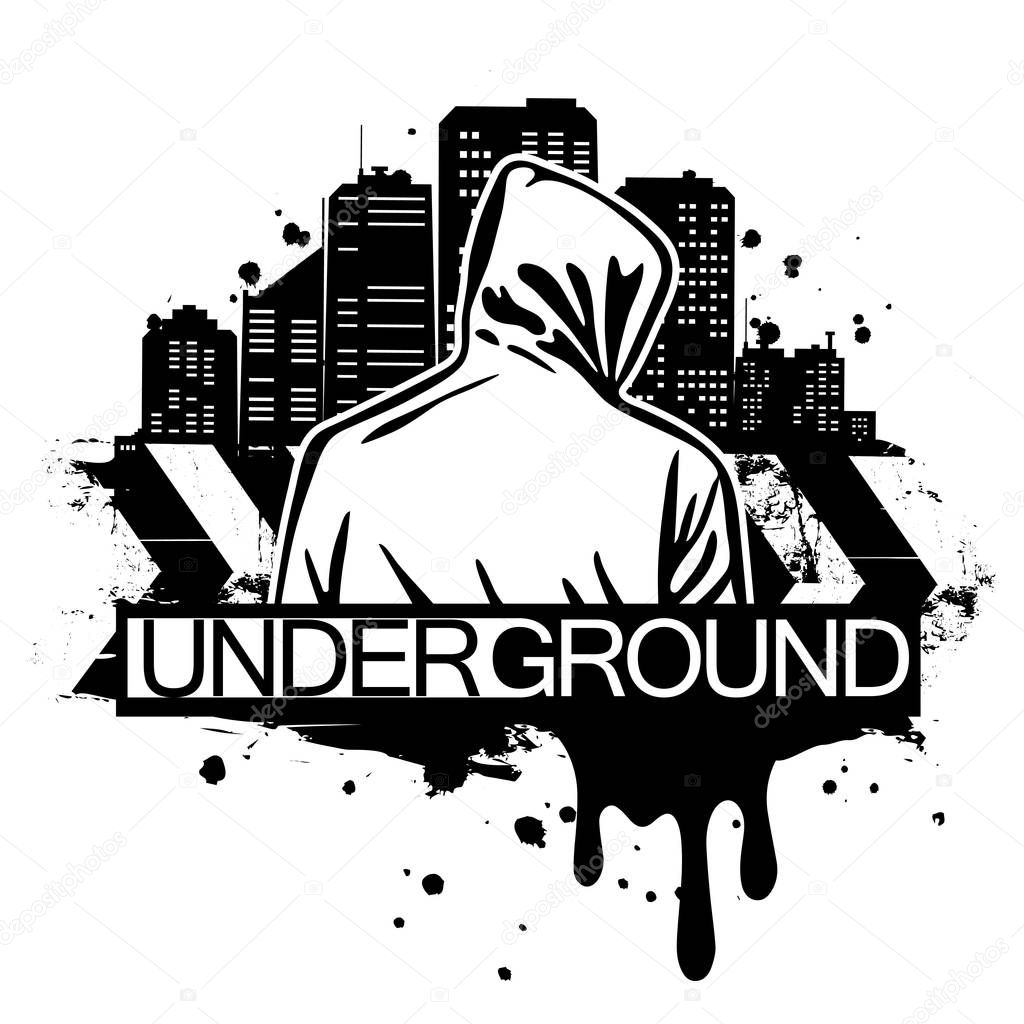 Urban style illustration of man in hoodie behind city silhouette. Street art style.