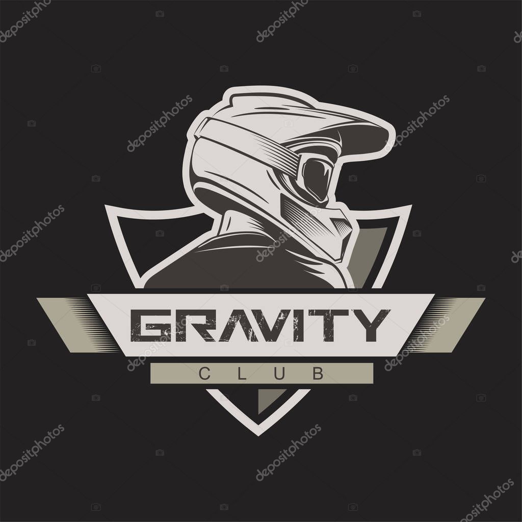 Man with full face motocross helmet. T-shirt print design. Bike school. Bikepark logo.