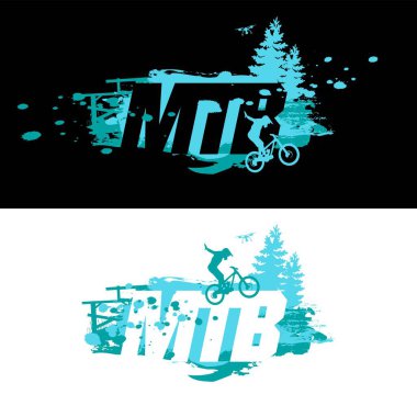 MTB logosu rozeti ve etiketi. Dowhill, Freeride. Tişört baskısı. Bisikletle atlama,