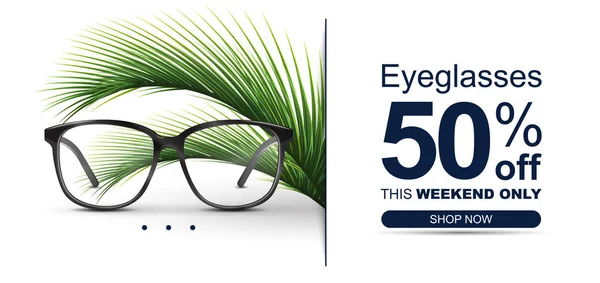 Brillenverkauf Banner Konzept. Optische Gläser mit tropischen Pflanzen. — Stockvektor