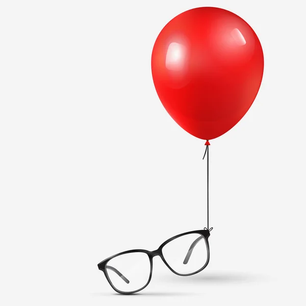 Kırmızı balona bağlı optik gözlük. Beyaz arka planda siyah optik gözlük. Dioptrical gözlük. Vektör Illustration. — Stok Vektör