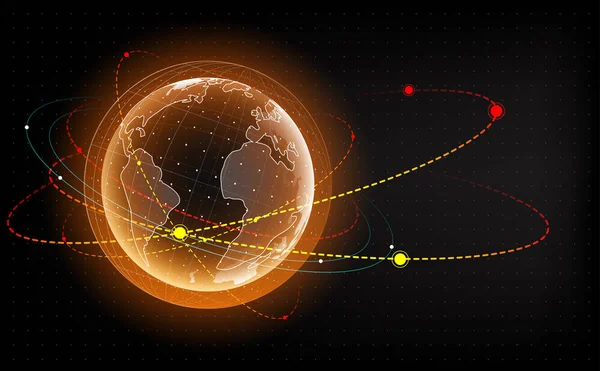 Hologramme terrestre avec satellite. Satellite artificiel autour de la terre. Surveillance de l'impact terrestre. Illustration 3D de la planète. Illustration vectorielle de style HUD . — Image vectorielle