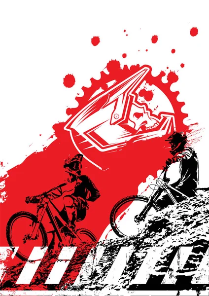 Biniciler kafatası ve chainring silüeti ile Downhill dağ bisikleti arka plan. Bisiklet yarışı poster.