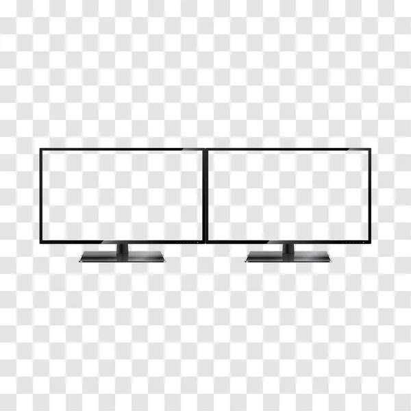 Saydam arka planda yalıtılmış iki masaüstü monitörü. İki geniş ekran monitör şablonu. Full hd en boy oranı 16:9