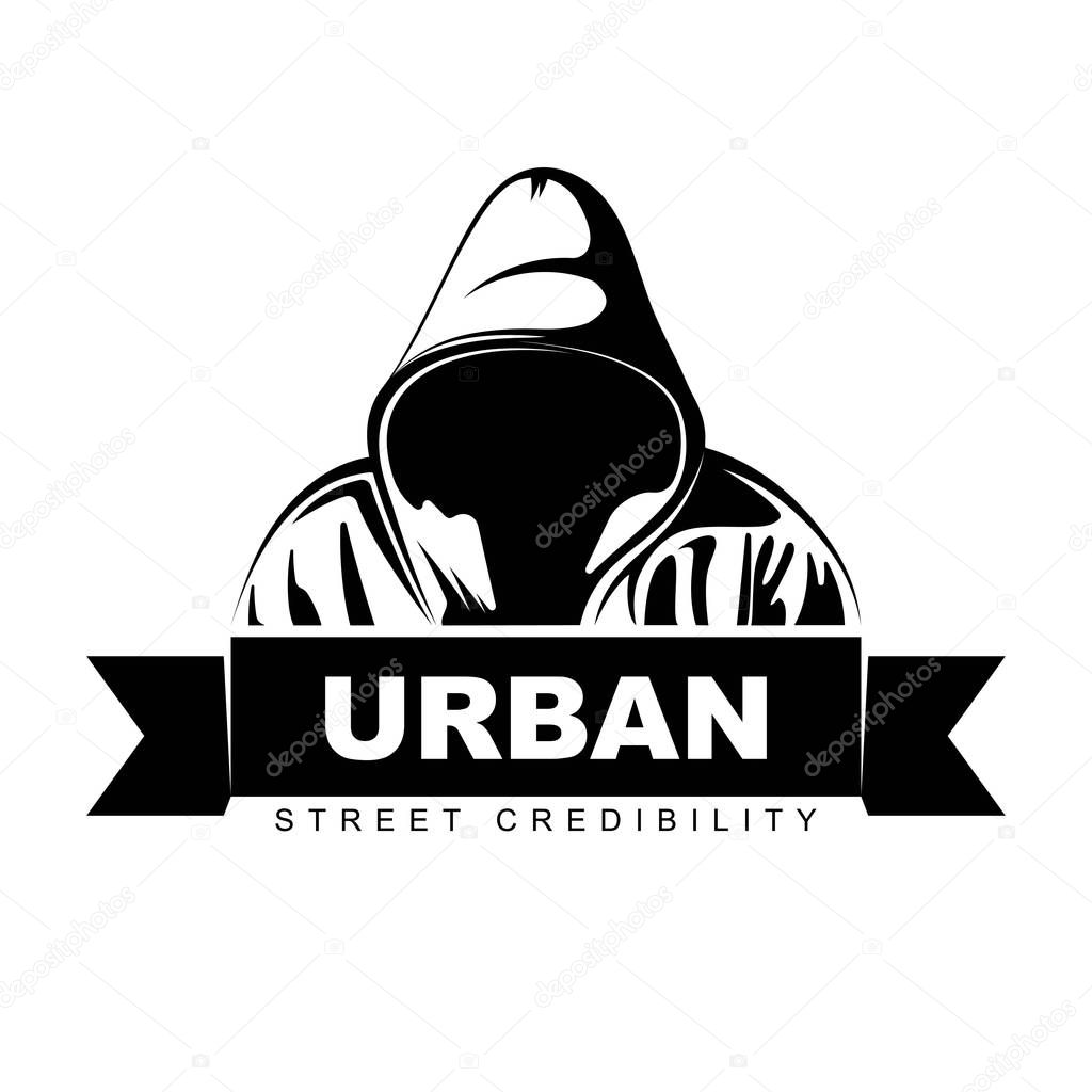 Man in hoodie. Hooded man. Logo design. Urban. Street art. Vector Ilustration.