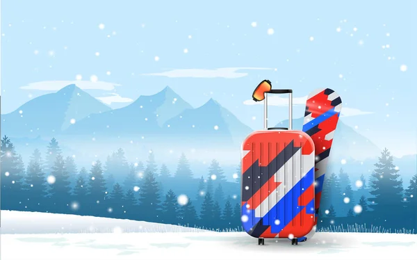 Fond d'hiver avec bagage de voyage fin snowboard sur les montagnes de neige. Sport d'hiver et concept de voyage . — Image vectorielle