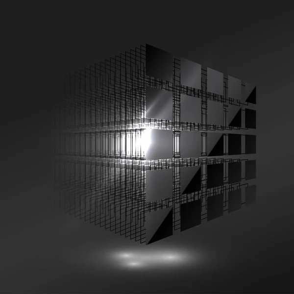 Dunkler schwarzer Würfel aus kleinen Stücken. Blockchain-Konzept. Big Data. Computerdatenspeicherung. technologischer Hintergrund. — Stockvektor