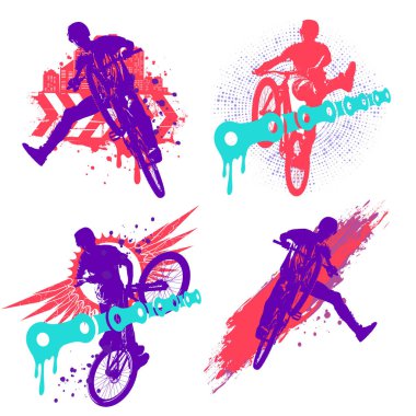 Kir atlama silueti seti, renkli grunge tarzı. Bisiklet mtb hile atlama. Parti, poster, t-shirt, el ilanı, broşür, afiş tasarımı.