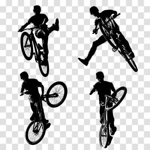 Dirt jumping illusztráció. Trick motoros sziluett elszigetelt átlátszó háttérrel. Kerékpáros ugrás és csinál trükk a kerékpár. — Stock Vector