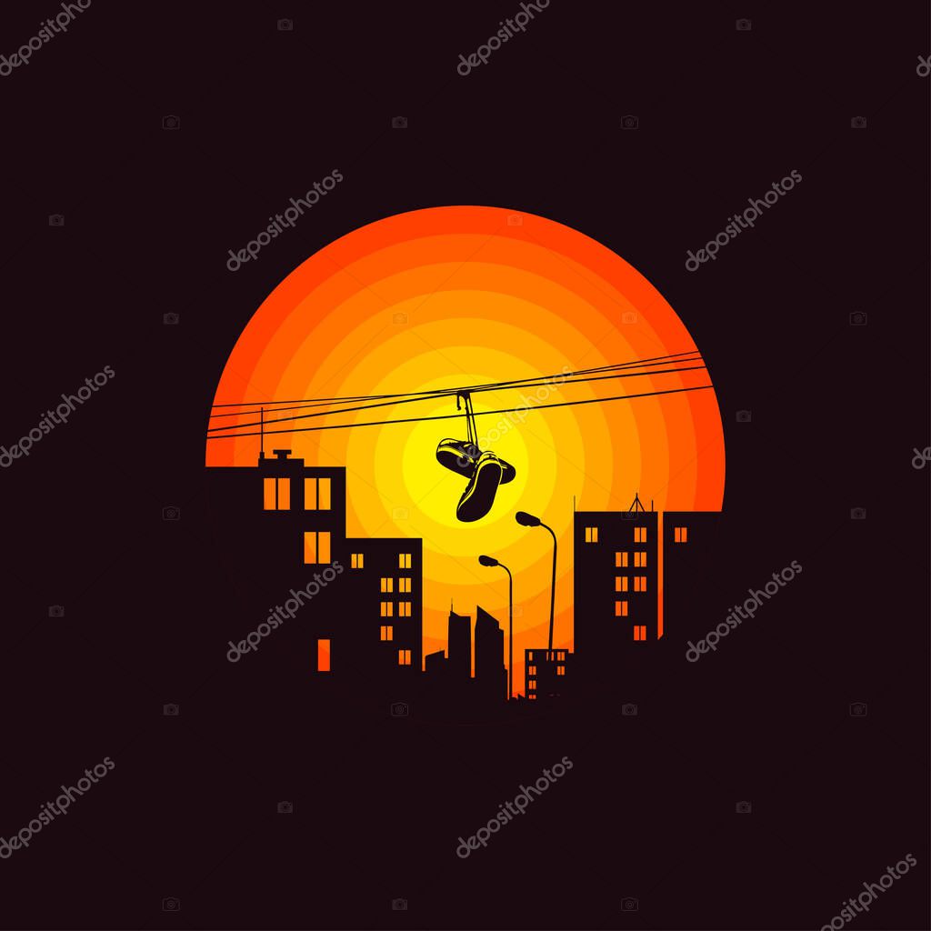 Shoes on wire in the street. Urban style background. T shirt design, label, logo, print, art. City illustration.