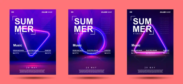 WebElectronic Music Covers voor Summer Night Party of Club Party Flyer. 3d Retro Light Signboard met stralend neon effect. Kleurrijke Vector Illustratie in jaren 80 stijl — Stockvector