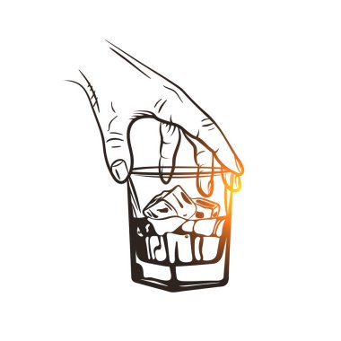 Elin buzlu bir bardak viski tutuyor. Viski bardağı. El yapımı içki..