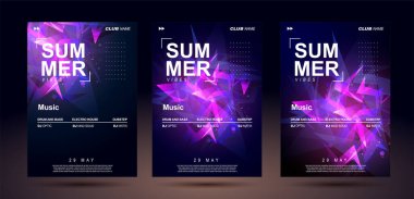 Kulüp afişi tasarımı. Bas elektronik müzik için müzik poster şablonları. Gece ses etkinliği. Parlak geometrik şekiller düzensiz bir şekilde düzenlenmiş. Ses patlaması.