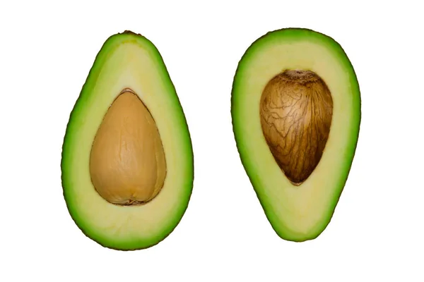 Groene Avocado Gesneden Helft Isoleren Vruchten Witte Achtergrond Twee Sneetjes — Stockfoto