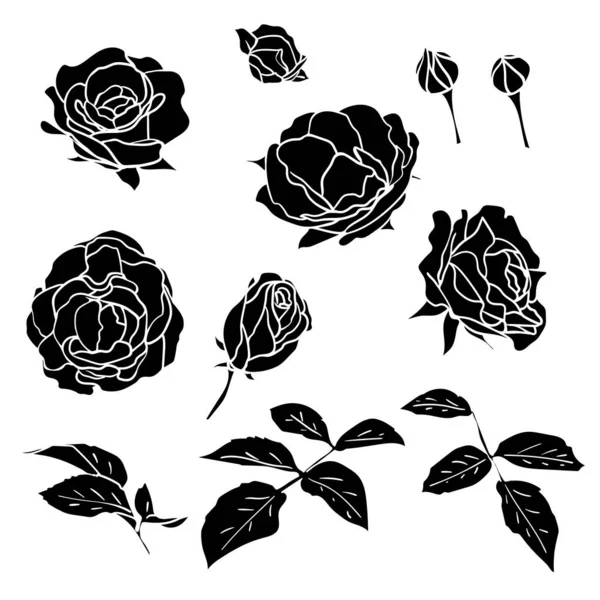 Černé siluety růží s listy a poupaty. Jednoduché ploché jemné zahradní květiny pro logo nebo přání k pozdravu a tetování. — Stockový vektor