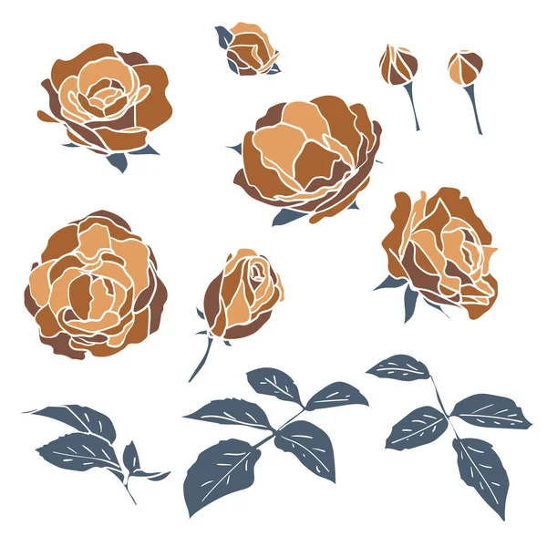 Kávé színű rózsák levelekkel és rügyekkel. Kézzel rajzolt virágos lapos motívumok mozaik stílusban. — Stock Vector
