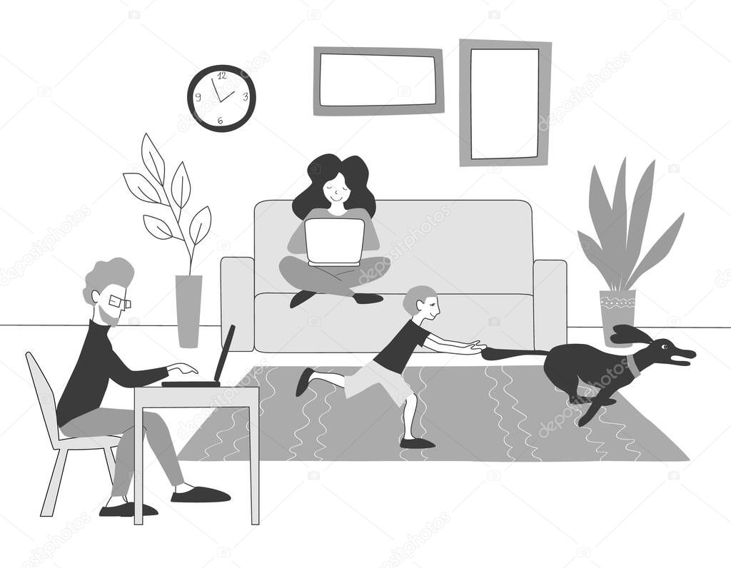 The concept of work from home. Freelancers are working with laptops while a child plays with a pet. Family: mom dad baby and dog. 