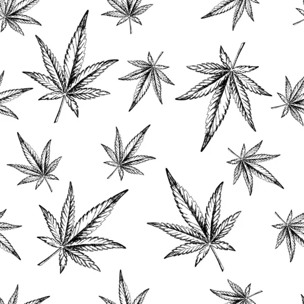 Marijuana meninggalkan pola mulus. Tinta rami gambar tangan untuk kemasan, spanduk dan kertas scrapbooking. Garis luar kanabis. - Stok Vektor