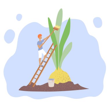 Bahçıvanlık ve tarım kavramı. Çiftçi bitkilerle ilgilenir. Yeşil lahanalı büyük ampul. Organik gıda ekimi. Stok vektör düz illüstrasyonu beyaz arkaplanda izole edildi.