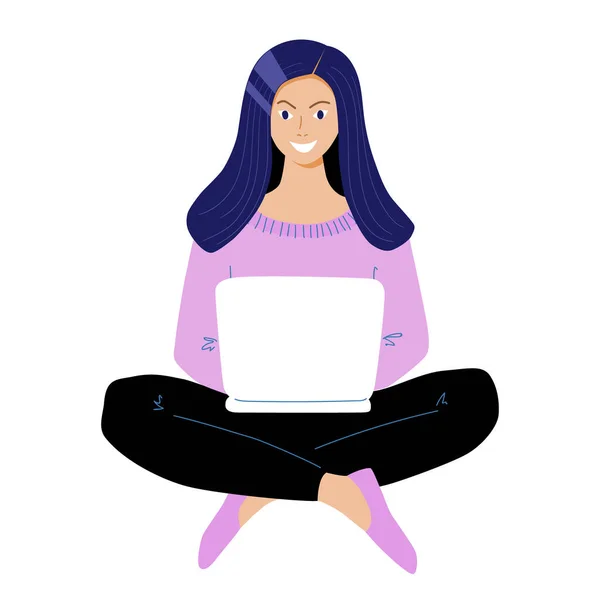 Personaggio Bruna Con Laptop Seduto Posizione Loto Freelance Lavora Online — Vettoriale Stock