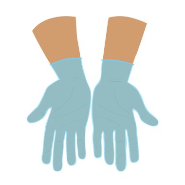 Avuç içleri koruyucu eldiven giymiş iki beyaz eli var. Sunuyor ve jest yapıyor. Simge ya da logo için el çizimi eller. Stok vektör düz illüstrasyonu beyaz arkaplanda izole edildi.