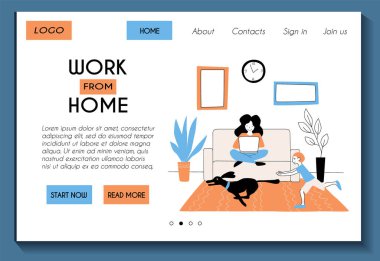 Ev yapımı serbest çalışma için web sayfası şablonu. Serbest çalışan anne dizüstü bilgisayarla çalışıyor ve çocuk köpekle oynuyor. Stock Düz Çizim. Web sitesi tasarımını düzenlemek ve özelleştirmek kolay. 
