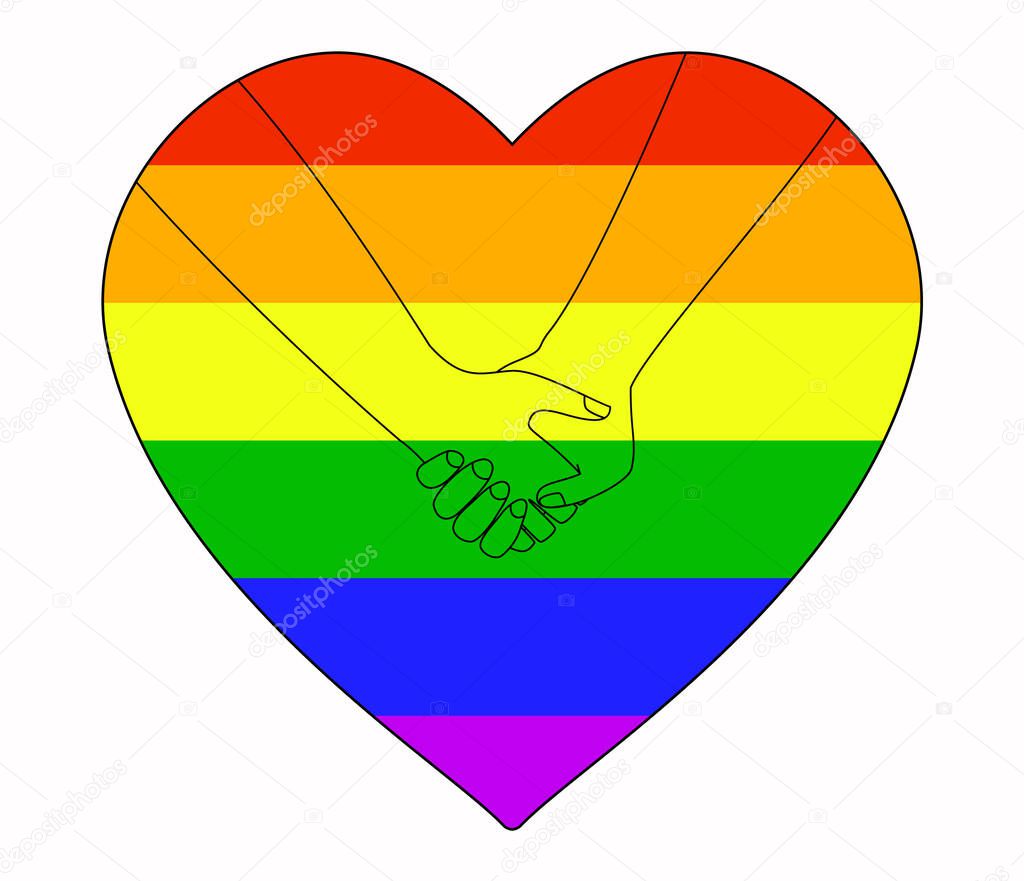 LGBT rainbow heart with holding hands outline. The concept of homosexual love, gay lesbian bisexual transgender people. Stock vector illustration isolated on white background.