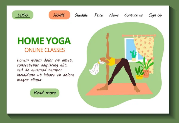 Webseiten Vorlage Für Online Yoga Kurse Ein Schlankes Mädchen Trainingsanzug — Stockvektor