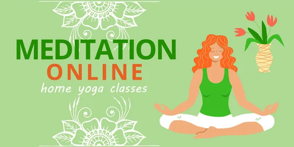Banner Modello Pagina Web Lezioni Meditazione Yoga Pubblicità Online Ragazza — Vettoriale Stock