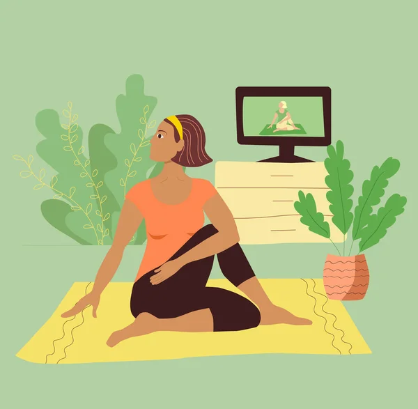 Een Meisje Een Trainingspak Oefent Thuis Yoga Een Mat Tijdens — Stockvector