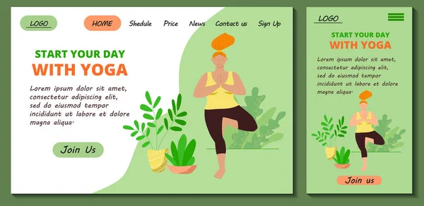 Pagina web e app modello di design mobile per lezioni di yoga e meditazione online. Ragazza rossa corpo positivo facendo mattina yoga asana a casa. Illustrazione piatta stock per pagina di destinazione. — Vettoriale Stock