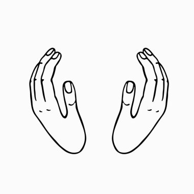 El çizimi iki avuç, koruma ve güvenlik kavramı. Logo için elleri koruyorum, ikon. Propaganda afişi. Hisse çizgisi çizim vektör illüstrasyonunu beyaza izole et.